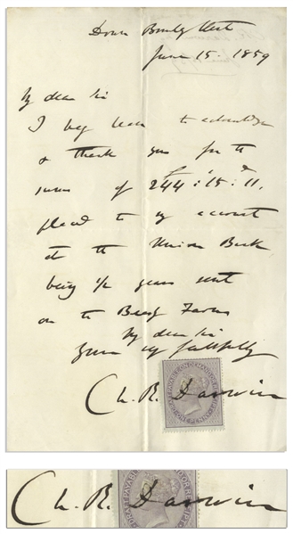 Charles Darwin Autograph Letter Signed From 1859, the Same Year ''On the Origin of Species'' Was Published